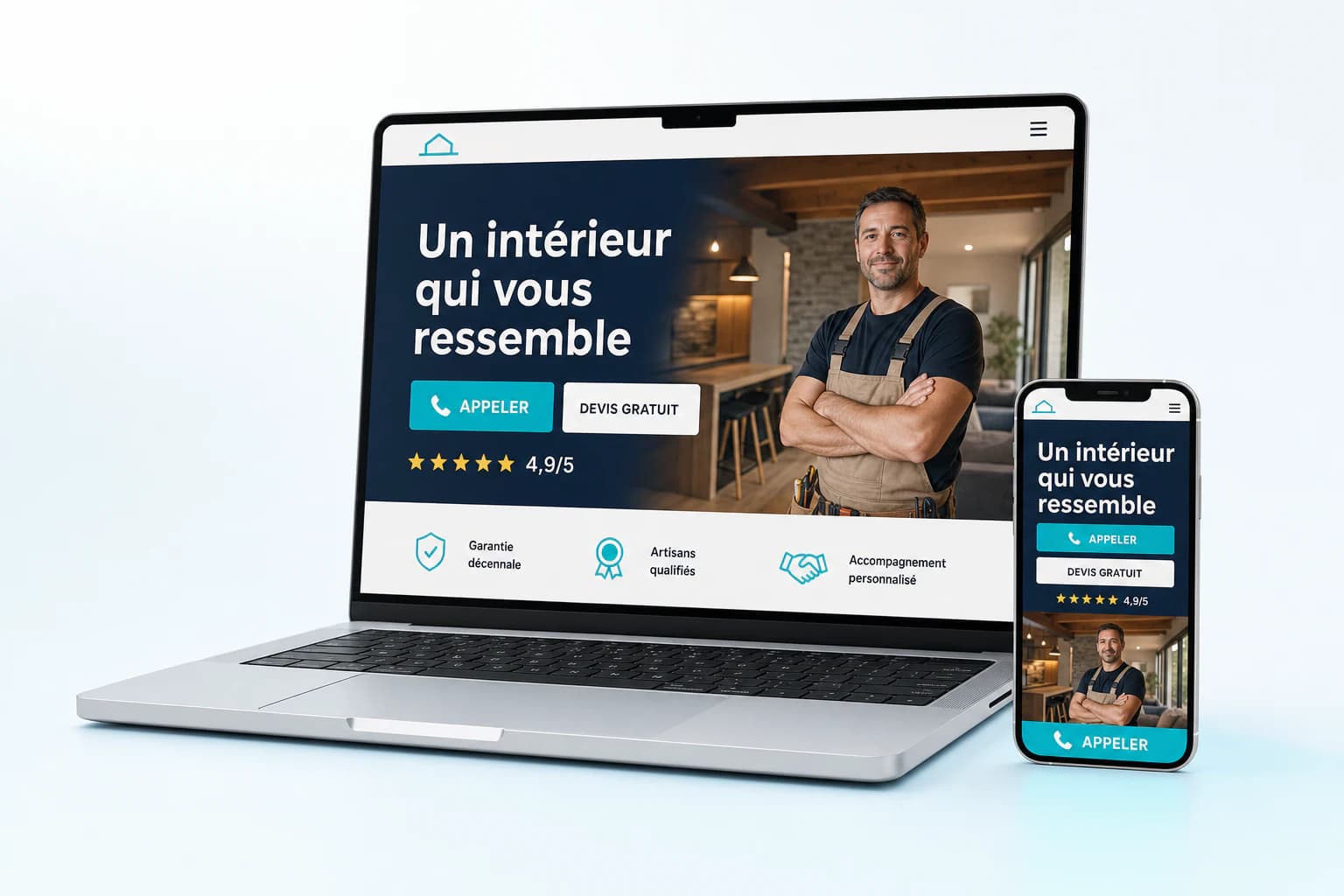 Ordinateur et smartphone affichant un site vitrine conçu pour générer des appels et des demandes de devis